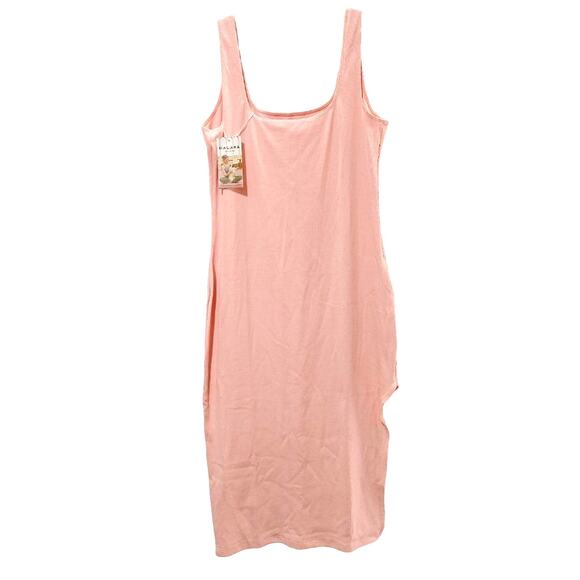 Halara Ribbed Knit Square Neck Split Hem Bodycon Midi Dress Pink Womens L NWT - Picture 5 of 8